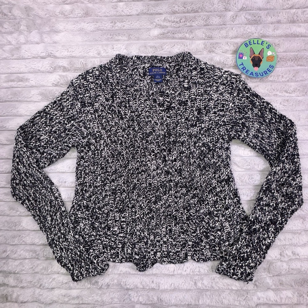 Polo Ralph‎ Lauren Sweater Girl's Large Open Knit Peplum Black White Fisherman